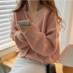 Korean Style Chic Loose V Neck Pure Color Thick Wool Cardigan Knitwear Women's Knitwear Cross-Border Large Top Jacket Women