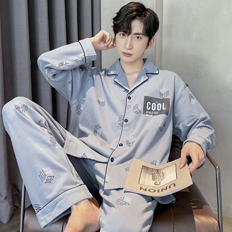 100% pijamas de algodón de manga larga de los hombres más el tamaño de los hombres de verano conjunto de dos piezas de primavera y otoño de los hombres traje de desgaste para el hogar