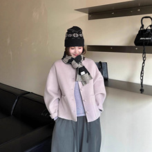 双面羊毛大衣女短款单排扣大袖子圆领包扣小个子廓形羊绒毛呢外套