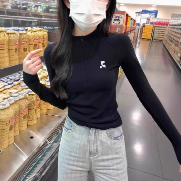 韩国小众潮牌RR字母印花立领长袖T 德绒显瘦内搭拉链打底衫上衣女|undefined