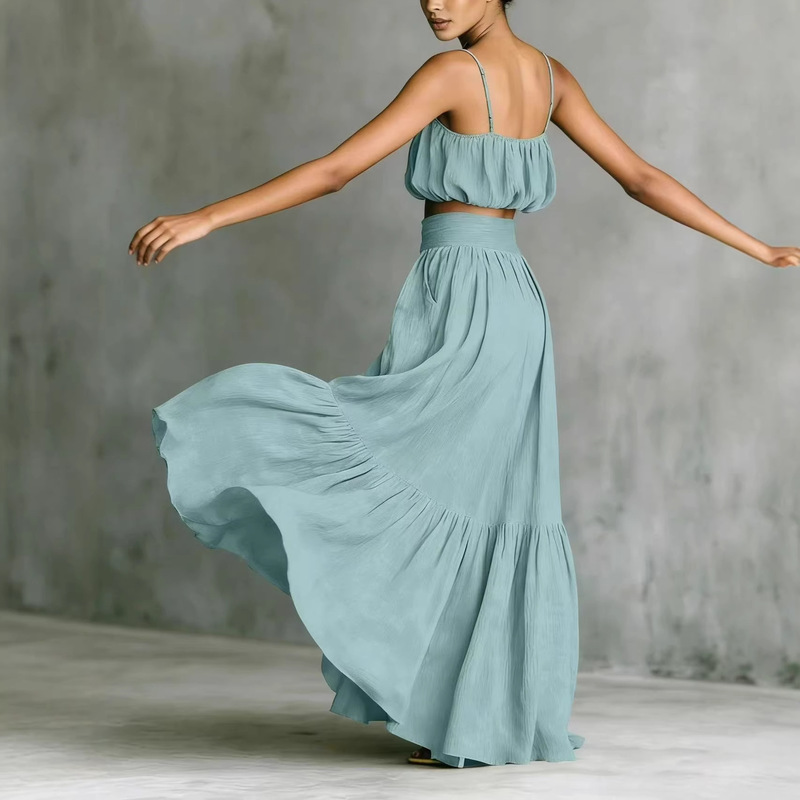European and American 2026 Summer New Casual Women's Camisole Top High-Waisted Pleated Flared Skirt Solid Color Two-Piece Set European and American 2026 Summer New Casual Women's Camisole Top High-Waisted Pleated Flared Skirt Solid Color Two-Piece Set