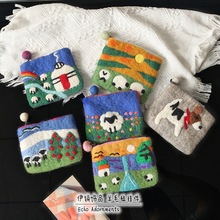 ins风手工羊毛毡草地绵羊零钱包可爱卡通羊群羊毛手机卡包收纳包