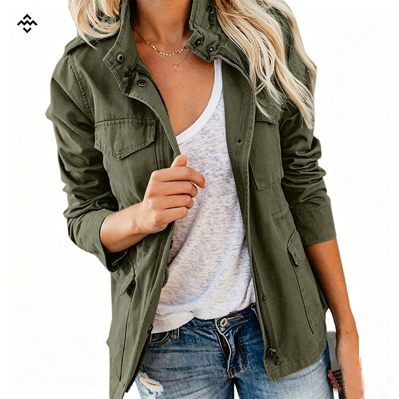 Cross-Border In-Stock Spring and Autumn Slim-Fit Fashion Solid Color Korean-Style Women's Jacket with Zipper and Multiple Pockets