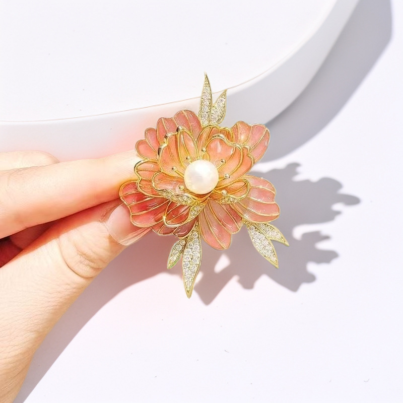 Light Luxury Enamel Peony Brooch Women's Chinese Style Pearl Flower Brooch Elegant Retro Accessories Fashion Corsage