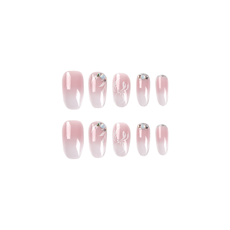 Pieza de belleza de uñas rosa y blanco gradiente desgaste de uñas pétalo corto rhinestone parche de uñas desgaste de uñas belleza de uñas al por mayor