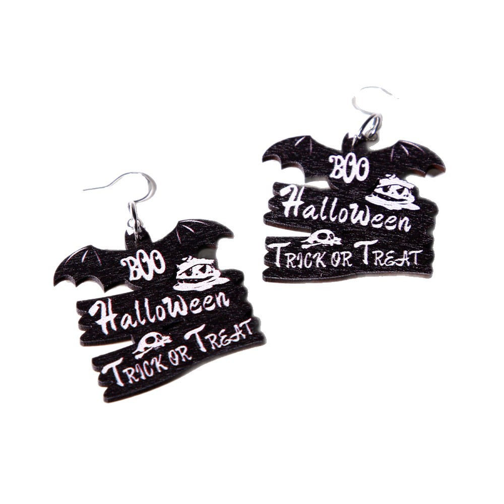 Decoración de Halloween pendientes esqueleto hueso blanco murciélago negro gato pendientes de madera fantasma día maquillaje colgante pendientes