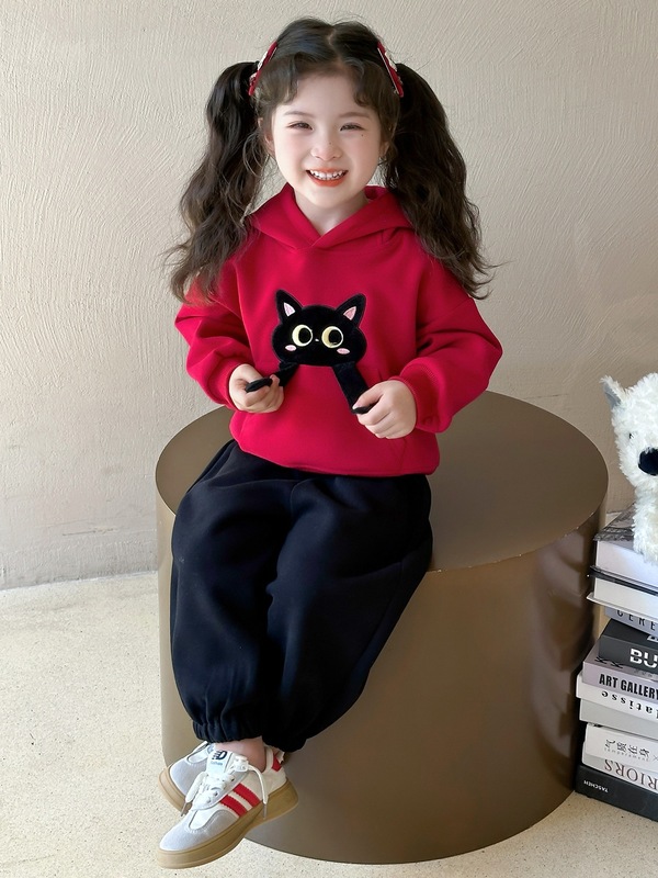 女小童秋装连帽套装2025新款宝宝猫咪卫衣春秋款小女孩运动两件套|undefined