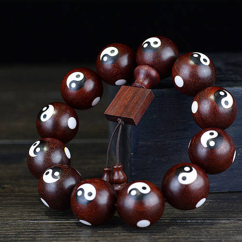 Small Leaf Rosewood High-Density Old Material Blood Rosewood Inlaid Tai Chi Male and Female Beads, Taoist Taoist Rosary
