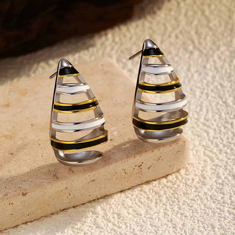 韩式简约个性小众饰品几何镂空设计感水滴造型多彩滴油钛钢耳钉女