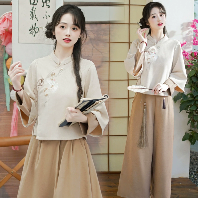 Пятно новый китайский стиль в китайском стиле улучшенный чонсам бархат ретро топ топ юбка юбка широкая брюки из двух частей хаки серый