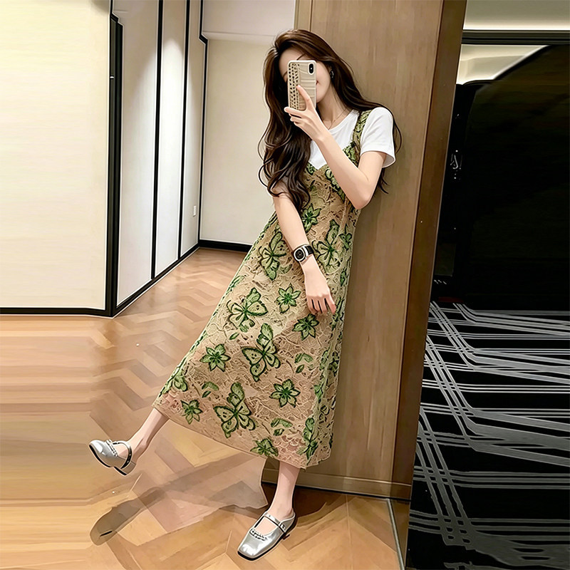 French-Style Elegant Brown Floral Fake Two-Piece Dress for Women, 2026 Summer New Model, Petite High-End Long Dress