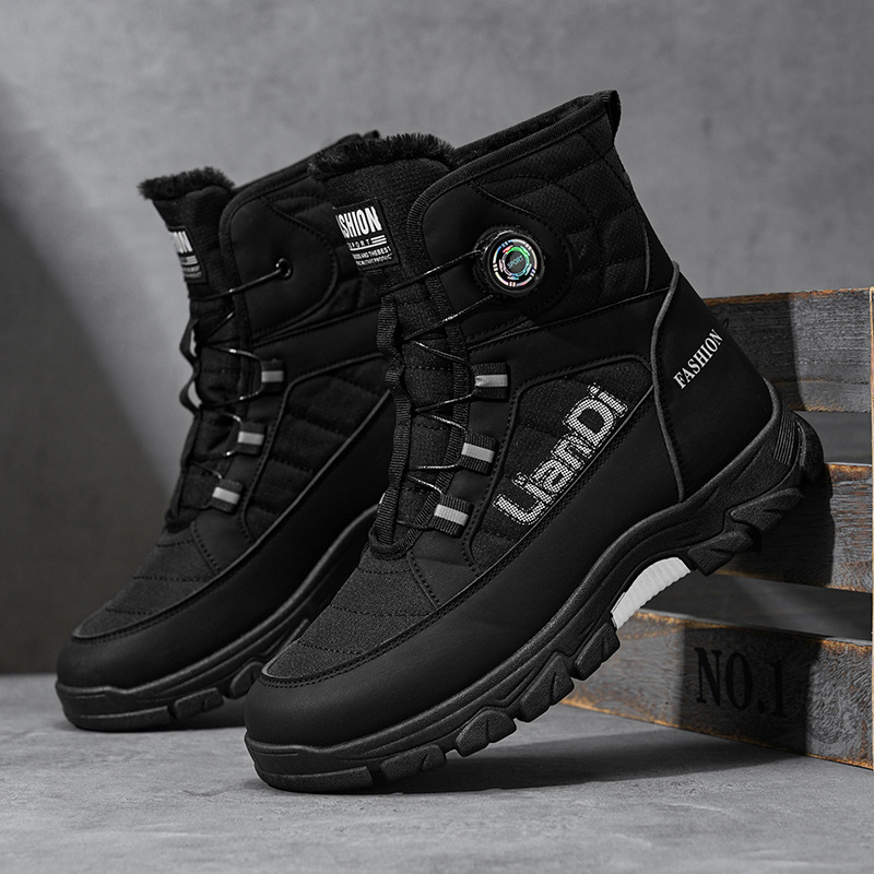 Invierno transfronterizo nuevo tipo de hombre botas de nieve de fondo grueso de alto impacto con veludo grueso calentamiento botón giratorio antideslizante zapatos de algodón resistentes al desgaste