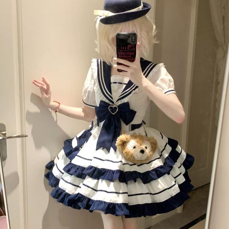 可爱夏日海军风绀色水蓝色青春元气少女JK蛋糕裙洋装连衣裙|undefined