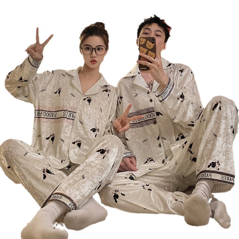 Coreano ins cachorro dorado terciopelo pareja pijama de mujer otoño invierno caliente sensación alta cardigán hombre ropa para el hogar
