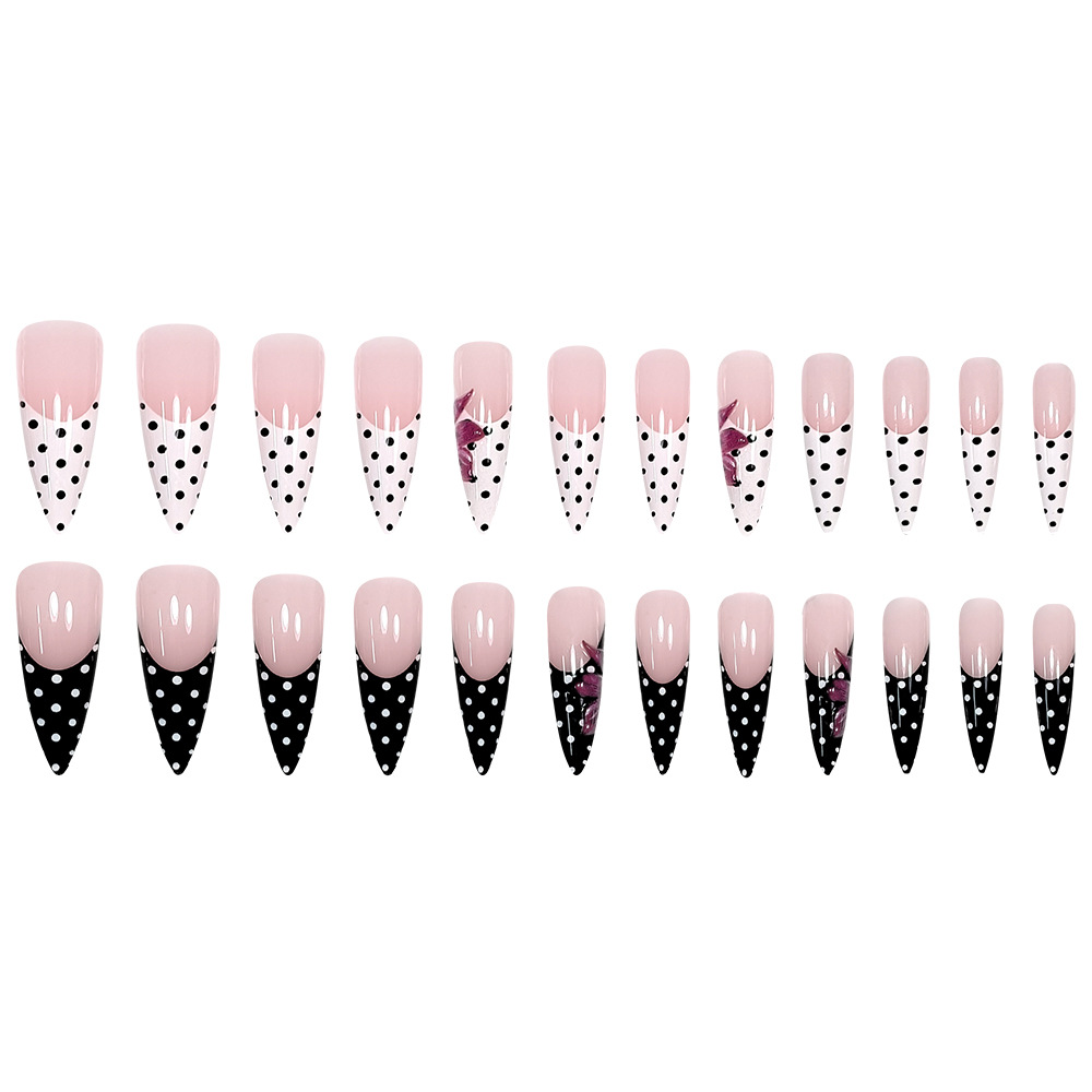 Polvo desnudo blanco y negro ondulado punto de manicure francés 3D flor roja tridimensional desgaste de uñas transfronterizas 24 piezas de parche de uñas