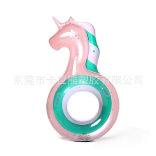 工厂定制充气透明独角兽游泳圈 PVC充气透明亮片海马腋下泳圈浮圈