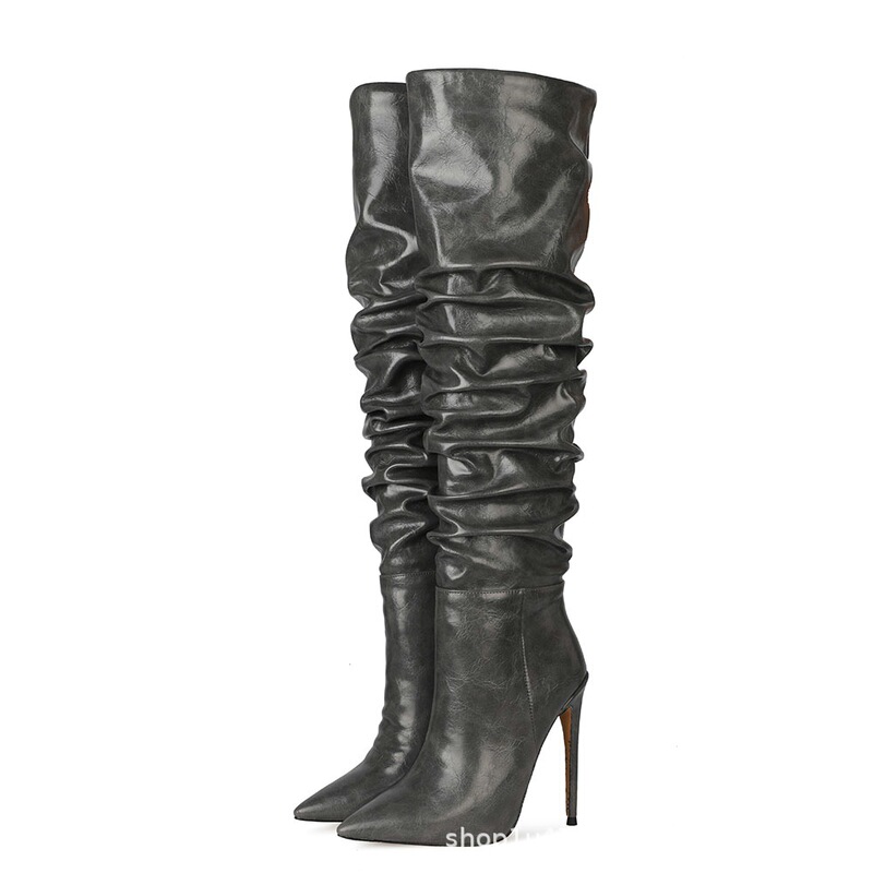 European and American Cross-Border Foreign Trade Pleated Ruched Boots, Slimming High-Heeled Pointed Toe Runway Fashion High Boots, Large Sizes 35-47 European and American Cross-Border Foreign Trade Pleated Ruched Boots, Slimming High-Heeled Pointed Toe Runway Fashion High Boots, Large Sizes 35-47