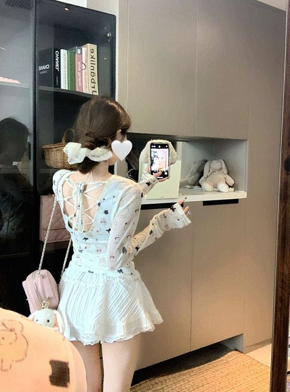 甜美网纱猫咪印花长袖T恤女秋季新款纯欲露背绑带修身显瘦短上衣|undefined