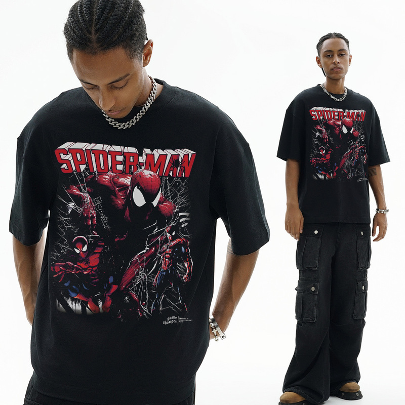 Spider-Man Printed Short-sleeved T-shirt Men's Cross-border New American Style Retro Loose Round Neck Cotton Top Trendy vintage