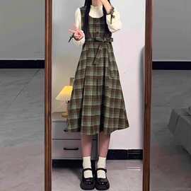 学院风假两件绿色格子连衣裙子秋冬季女装2024新款小个子穿搭长裙