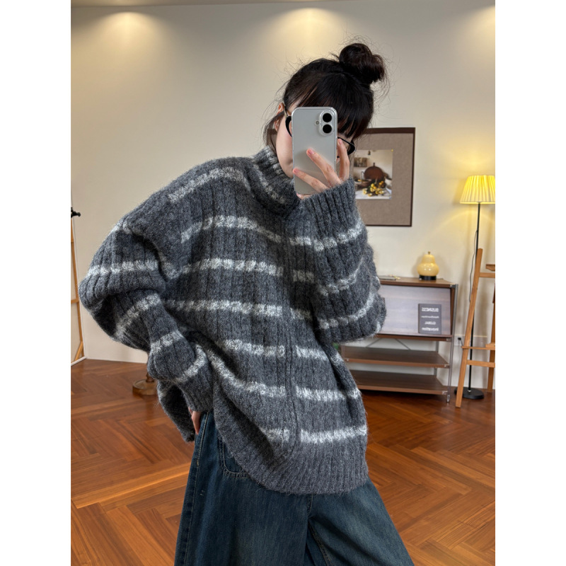 复古慵懒宽松条纹毛衣外套女韩版秋冬新款百搭立领拉链针织开衫潮|undefined