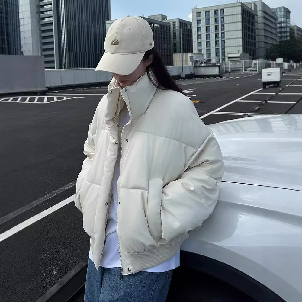 Corea del Sur 2024 nuevo cuello corto chaqueta de pan de algodón invierno suelto cálido color sólido universal ropa de algodón para hombres y mujeres image 3