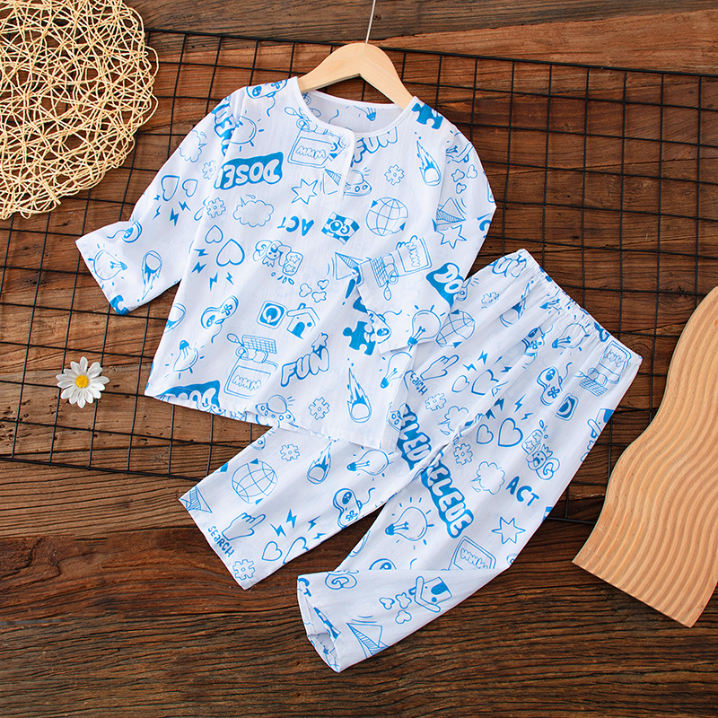 Summer Kidsren's Cotton Silk Long-Sleeved Pajamas Category a Cartoon Boys and Girls Baby Medium and Large Kidsren's Cotton Silk Home Clothes Set Thin