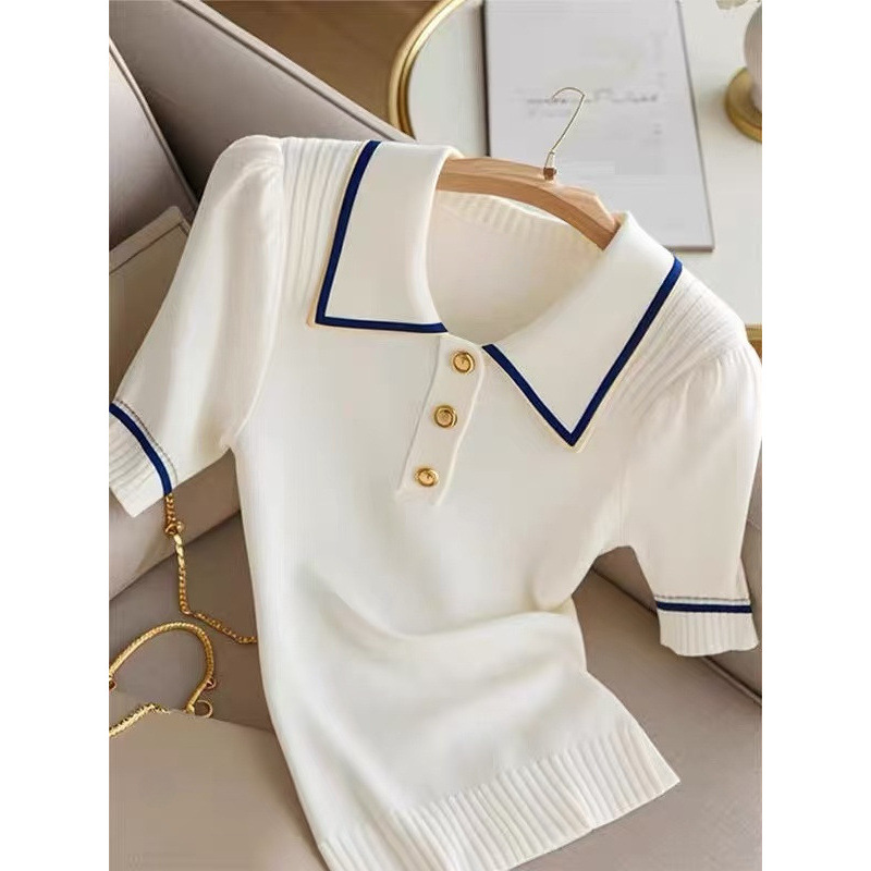 Women's Korean Style Color Block Striped Collared Short Sleeve T-Shirt Youthful Knitwear Top For Summer_ecoleips.com