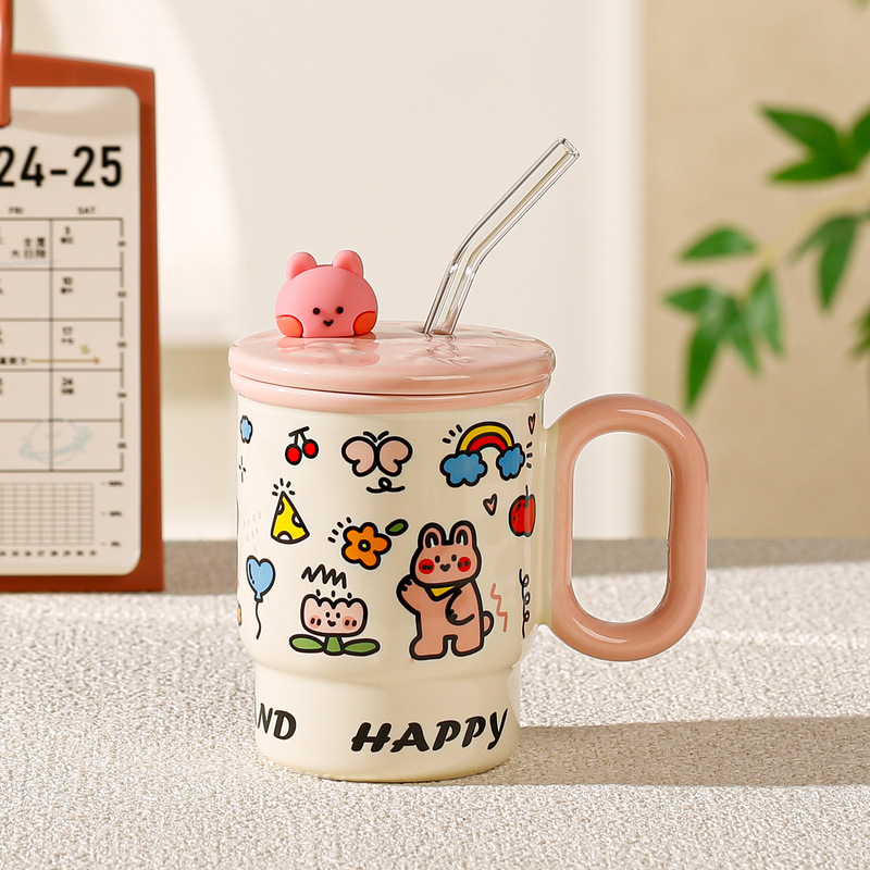 蓋付きストローマグ、見栄えの良いかわいい動物セラミックマグ、家庭用ウォーターカップ、カップルコーヒージュースカップ|undefined