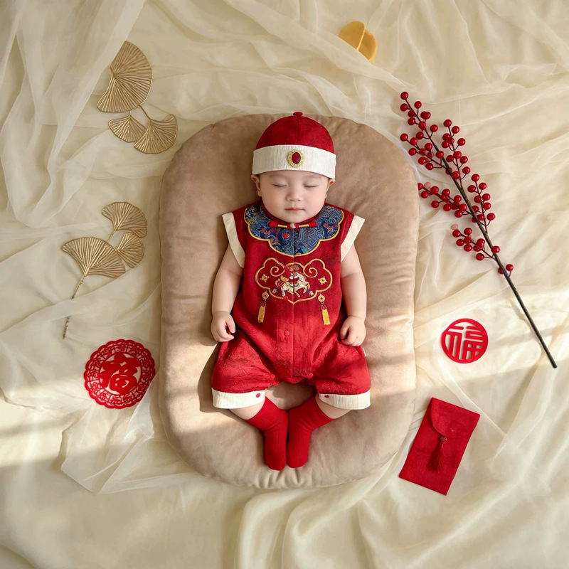 One-Year-Old Boy's Formal Red Festive Romper Jumpsuit for Baby Boys, Infant, and Toddler 100-Day and First Birthday Party Outfit