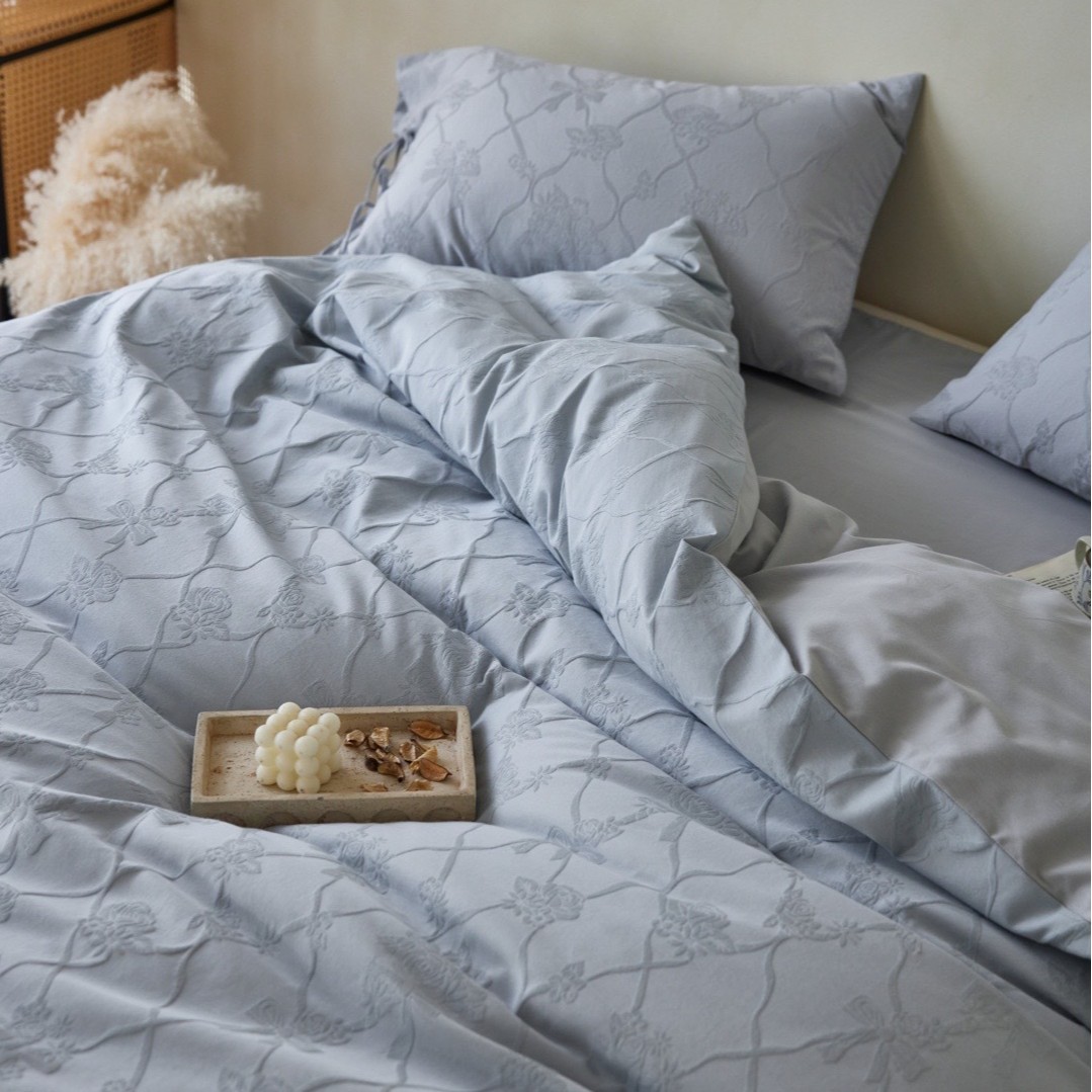Ensemble trois pièces quatre pièces en pur coton brossé, style nordique minimaliste français rétro, drap-housse et housse de couette._voghion.com