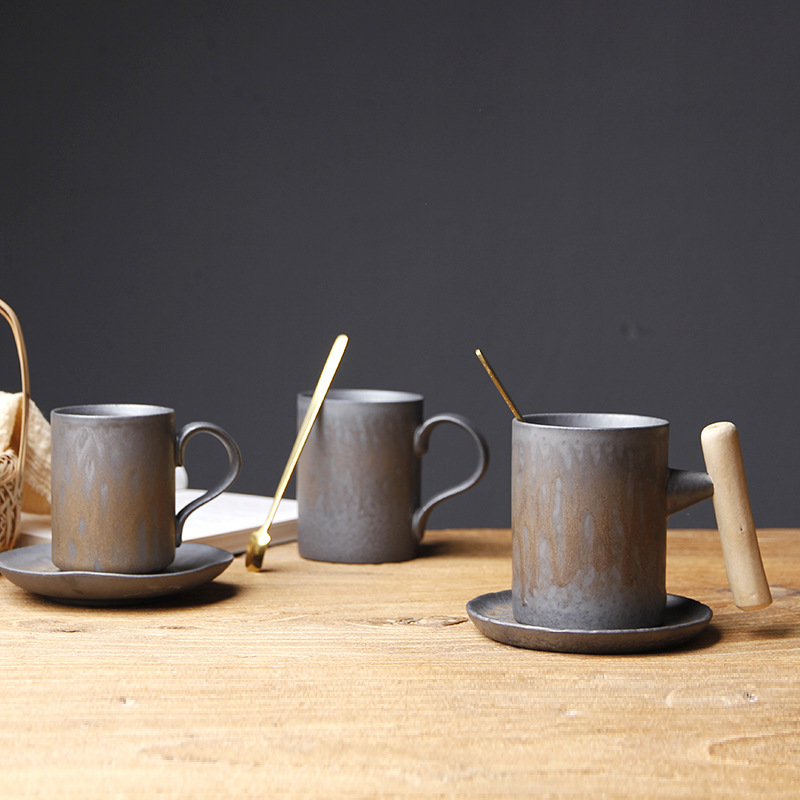 Japanese Retro Ceramic Coffee Mug With Wooden Handle_voghion.com