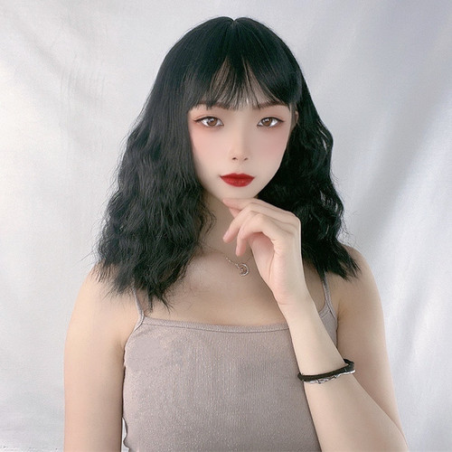 Wig female blue gray short curly hair Internet celebrity air bangs playful and cute egg roll head natural realistic short hair set