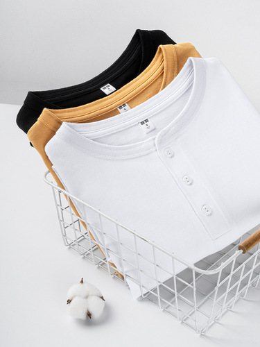 Xinjiang Cotton Heavyweight Henley Collar New Chinese Style White Pure Cotton Short-Sleeve T-Shirt with Button, Simple and Elegant High-End Casual Men and Women