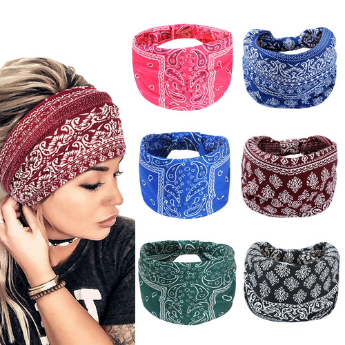 Women's Wide Headband with Scarf Bohemian Sport Headband Knot Elastic Floral Print Non-slip Headband Accessory