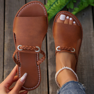 Foreign Trade Large Size 2024 New Summer Slippers for Women Pure Color Woven Simple Daily Beach Slippers