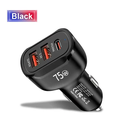 Qc3.0 Standard 75W 3-Port Car Charger Fast Charging Car Charger One-To-Three Mobile Phone Car Charger Cross-Border Wholesale (Mobil şarj cihazları) - te-p53-black-pp-bag