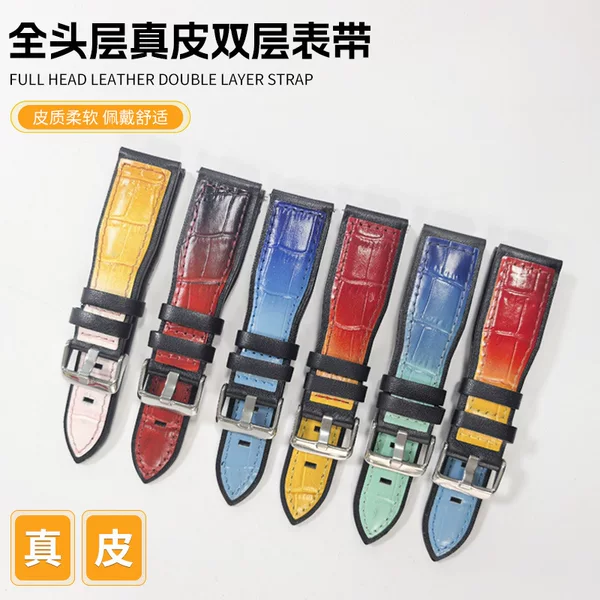 Cross-Border First-Layer Genuine Leather Double-Layer Strap Crocodile Pattern Bamboo Pattern Gradient Color Strap High-End Genuine Leather Men's Strap