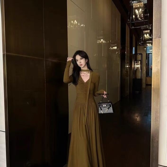 B o niche design pleated ribbon dress women's autumn slim fit slim A- line woven dress B o niche design pleated ribbon dress women's autumn slim fit slim A- line woven dress