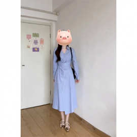 2025年早春季新款法式蓝色长袖衬衫连衣裙子夏季气质女装收腰长裙