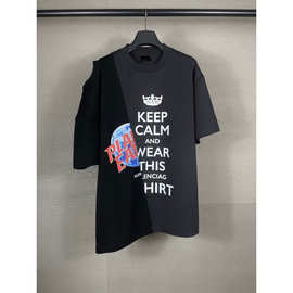 ins巴黎B家SS25新款字母LOGO印花拼接露肩短袖T恤情侣世家上衣tee