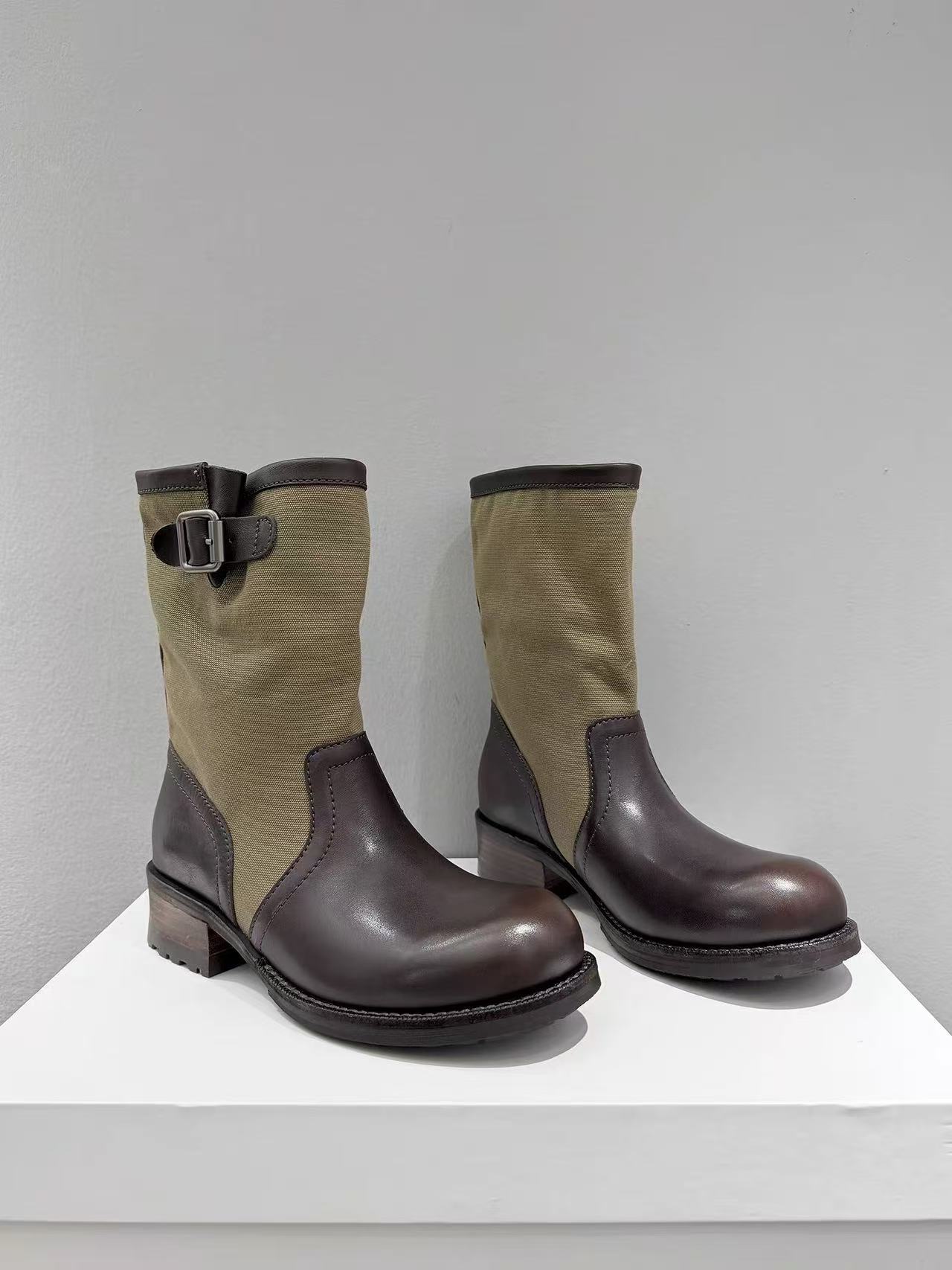 4cm Lift Buckle Detail Round Toe Chunky Heel Riding Boots For Women - Stackable Mid-Calf Boots Distinctive Buckle Accent_vogvips.com