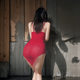 Sexy Lingerie Non-Take-off Pajamas Wine Red Slit Slim Slip Skirt Mesh Perspective Pure Desire Nightclub Female qqny