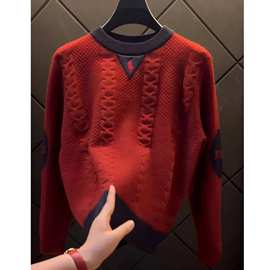 专柜品质】欧洲站红色毛衣男士秋冬季潮奢休闲时尚老钱风针织衫