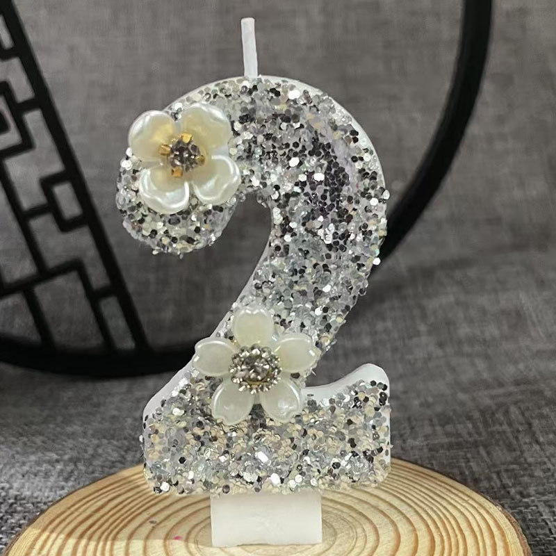 跨境电商亚马逊创意花朵银色数字生日蜡烛蛋糕派对装饰diy玫瑰|undefined