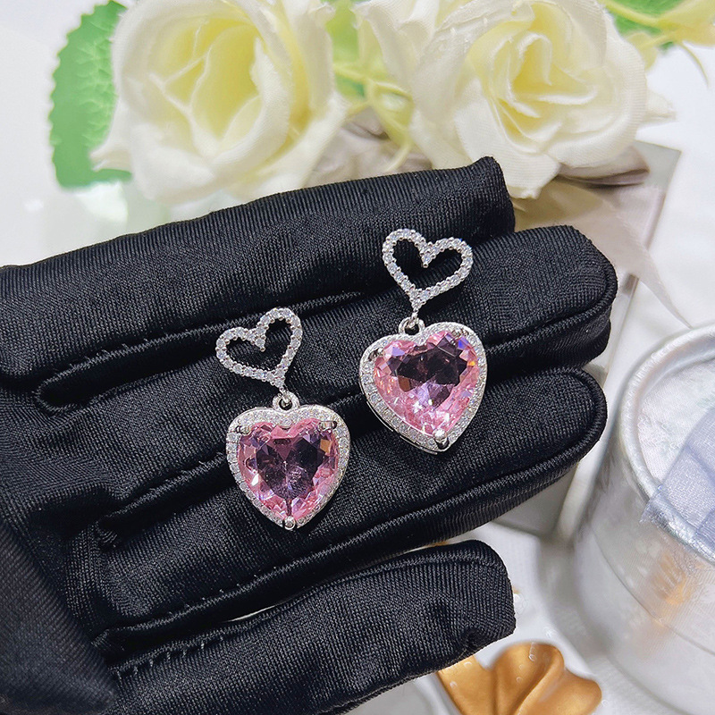 Daily Occasion Copper Material 1 Pair Sweet Heart Shape Hollow Out Inlay Copper Zircon Drop Earrings
