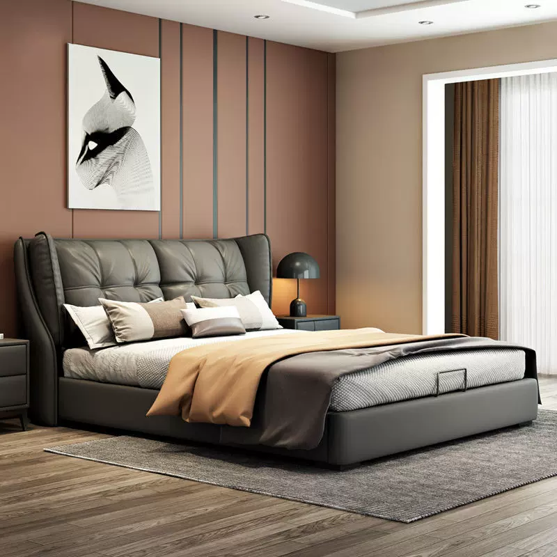 意式极简真皮床大小户型家用网红主卧1.8米双人大床简约轻奢婚床