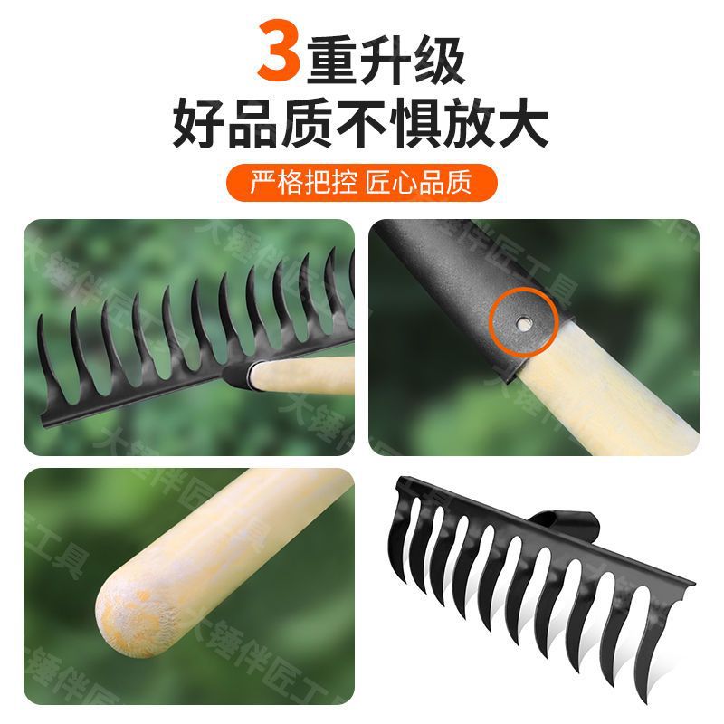 Old-fashioned spiral nail rake, manganese steel welding, agricultural multi-purpose with wooden handle, quenched forging, handcrafted hammering
