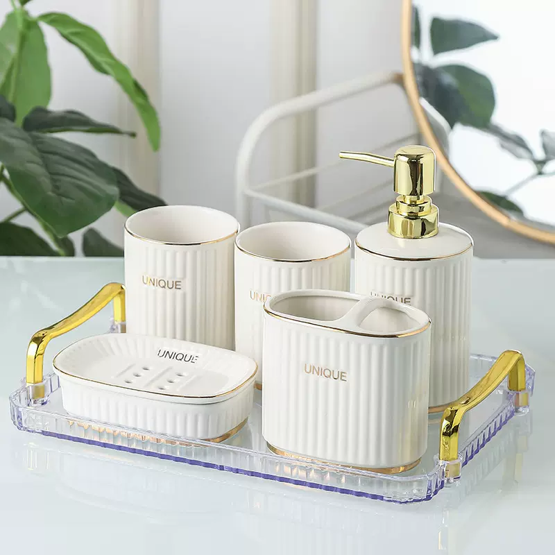 跨境轻奢家用陶瓷卫浴五件套洗漱用品分装瓶套装酒店民宿洗护套装