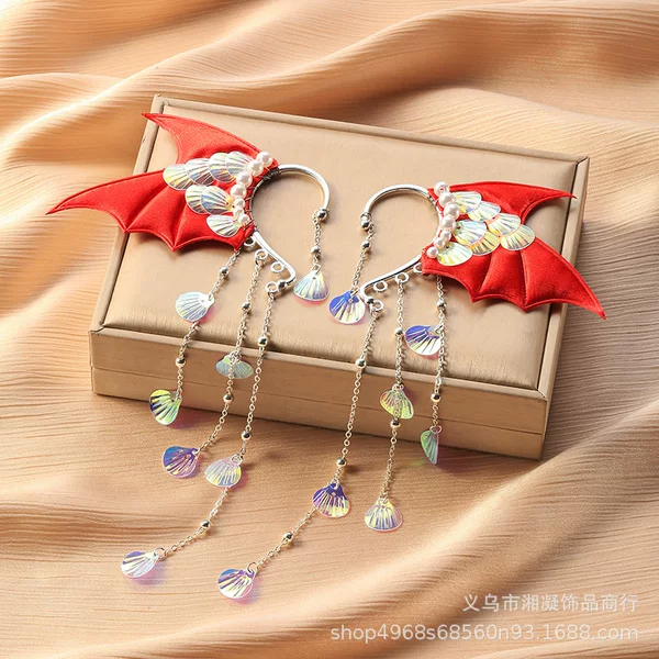 Halloween cross-border earrings, mermaid fairy-like ancient style Hanfu accessories, tassel ear cuffs, princess earrings for non-pierced ears